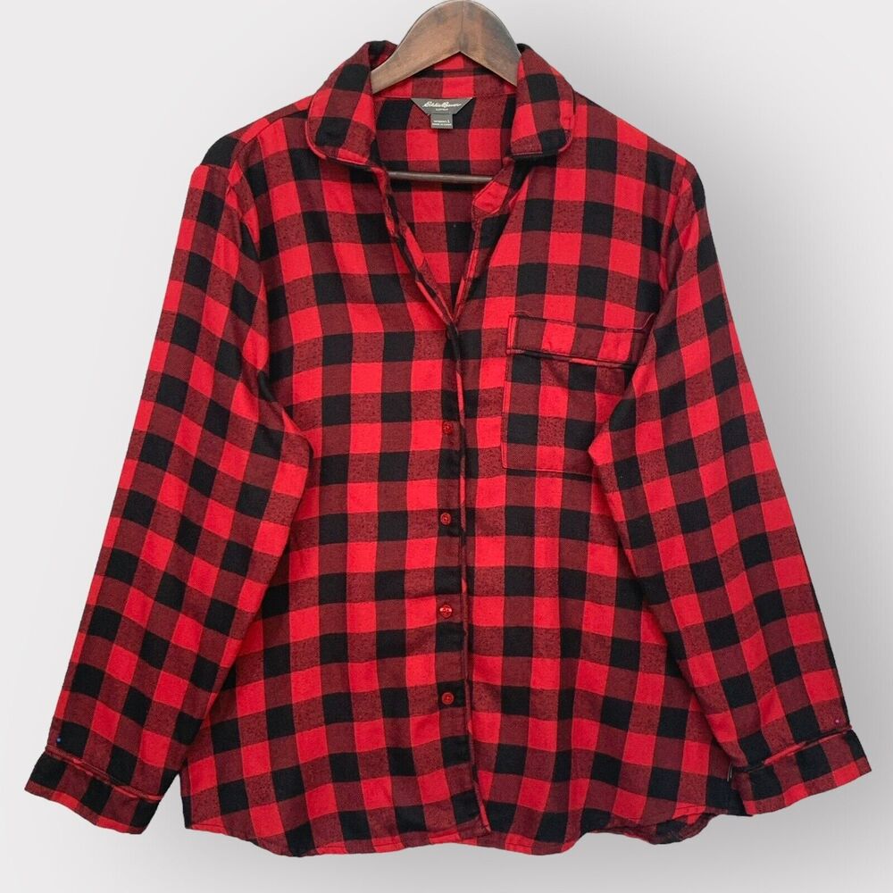 Eddie Bauer Button-Up Shirt‎ Women L Red Plaid Curved Hem Flannel Pocket C69